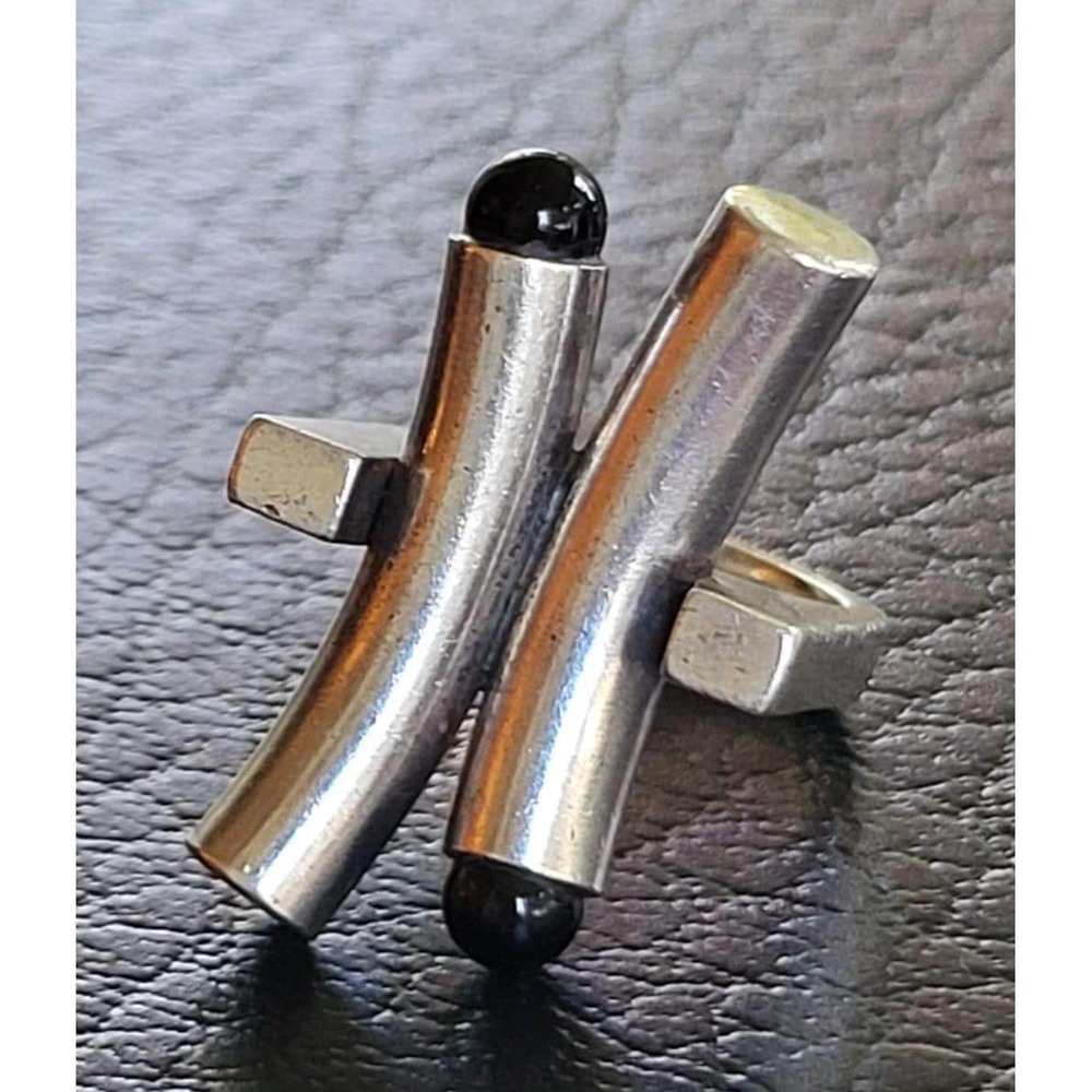 Puig Doria Vintage Modernist Brutalist Architectural Sterling Silver Onyx Ring